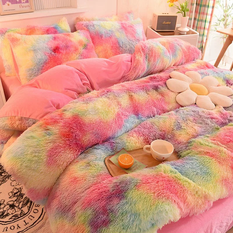 4 Pieces Faux Fur Pattern Plush Shaggy Fluffy Flannel Duvet Cover Bedding Set