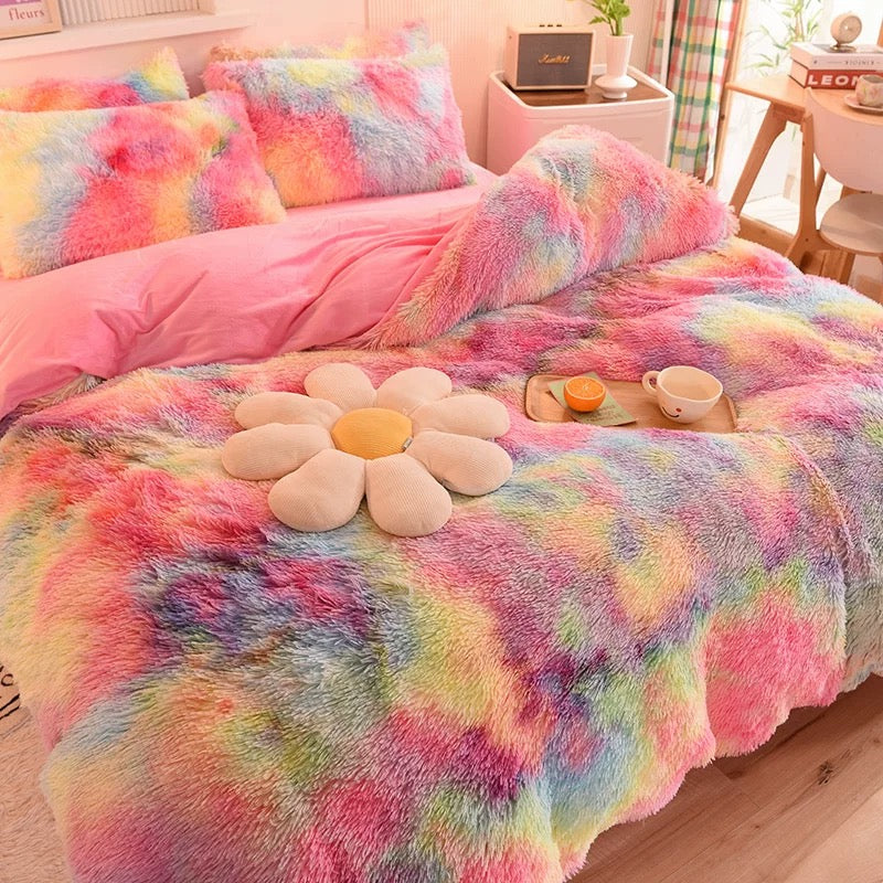4 Pieces Faux Fur Pattern Plush Shaggy Fluffy Flannel Duvet Cover Bedding Set