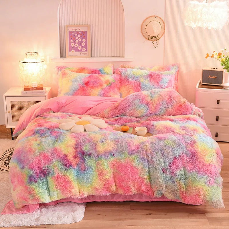 4 Pieces Faux Fur Pattern Plush Shaggy Fluffy Flannel Duvet Cover Bedding Set