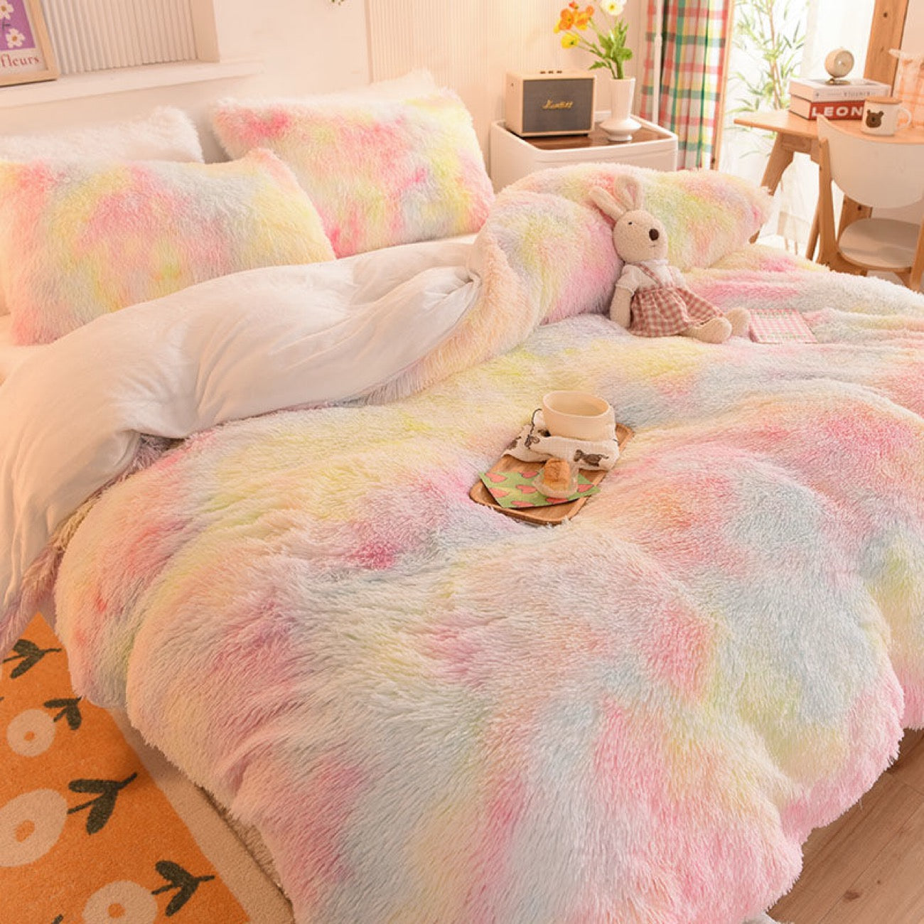 4 Pieces Faux Fur Pattern Plush Shaggy Fluffy Flannel Duvet Cover Bedding Set